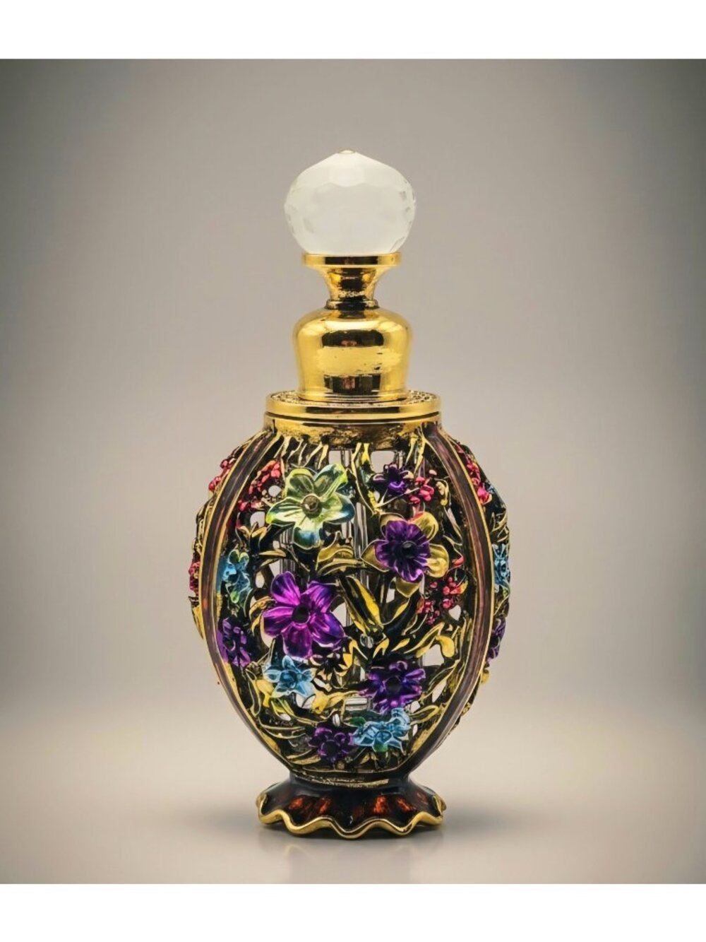 Vintage Ornate Glass Perfume Bottle With Colorful Floral Design And Gold Accents